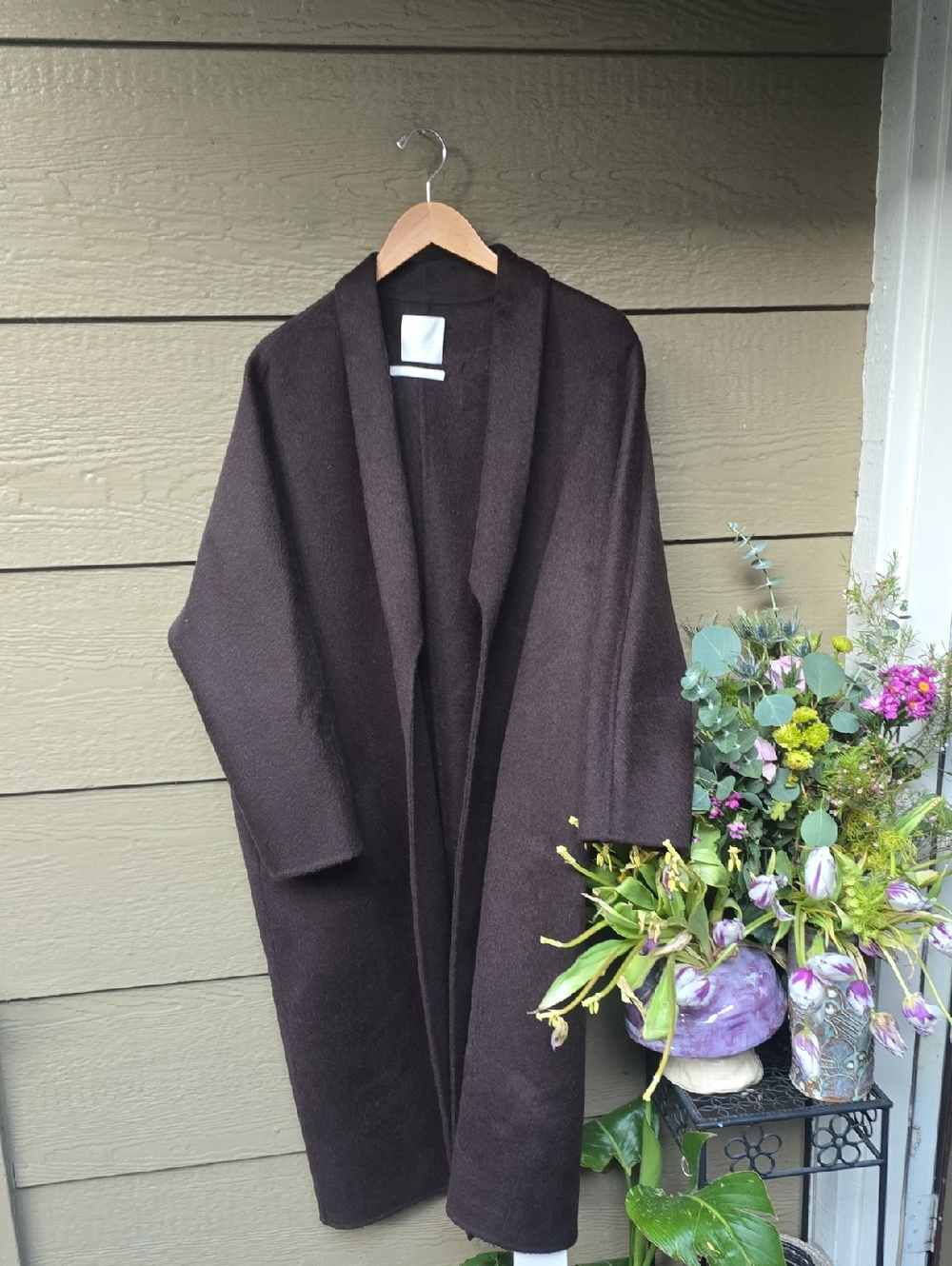 Preworks Brown Wool Open Front Coat Belted OS Handmade